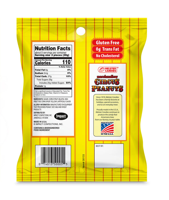Marshmallow Circus Peanuts were invented in the 1800s and have been produced by many confectionery manufacturers over the years. During the war, Circus Peanut Slurry was sold in jars as a sugar replacement since sugar was rationed.

Circus Peanuts were originally introduced as Spring candy items in 5-cent and 10-cent variety stores. In the late 1940s, polyethylene film was developed and helped make it possible to offer Circus Peanuts on a year-round basis.