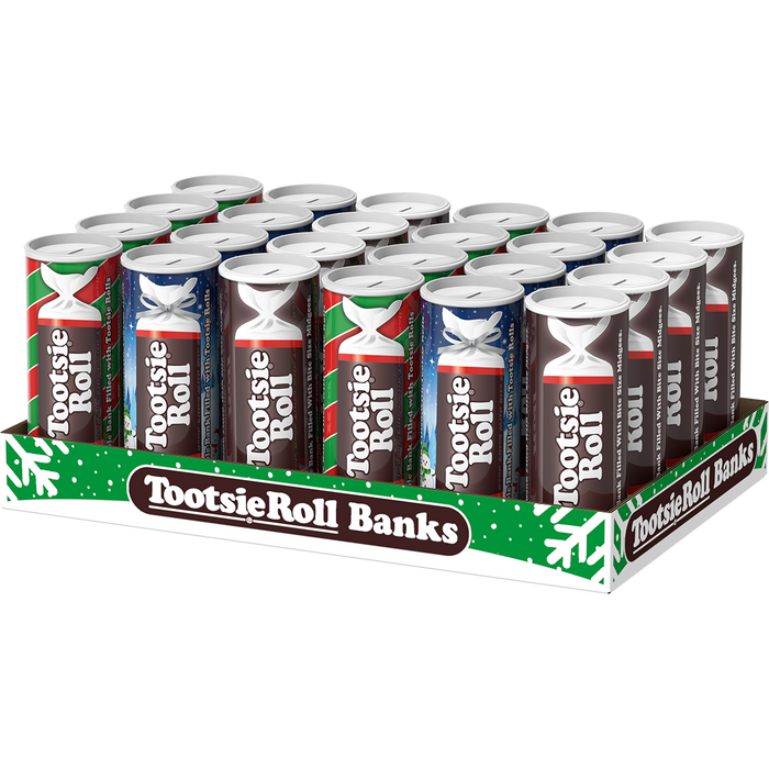 Spread holiday cheer with limited edition Christmas Tootsie Roll Banks! Filled with delicious Chocolate Tootsie Rolls, these canisters double as a bank!