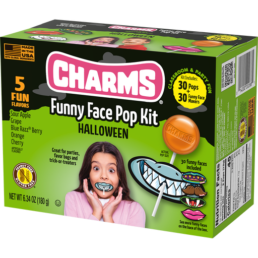 Get ready to celebrate Halloween with this Fun and delicious 30ct kit of Assorted Charms Pops! Great for Trick or treat or for the Classroom Halloween Parties! Each 30ct Box comes with 30 Charms pops and 30 super fun and silly cut outs that make it look like you have a crazy looking and funny mouth! Enjoy some good Laughs with Family and Friends and of course, enjoy those delicious flavors of Blue Raspberry, Cherry, Green Apple, Grape and Orange!&nbsp;  And, at $5.00, That's only .16c a POP!