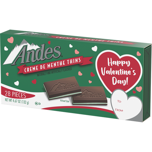 Andes Creme de Menthe Chocolate Mints, the perfect combination of creamy chocolate and refreshing mint in a Valentine themed Gift Box. These delightful treats will satisfy your sweet and fresh cravings. Gift a 4.67oz box to that special someone and dont forget to get one for yourself or a 12ct case, one taste and you will be happy you did, and so will that special someone ;)