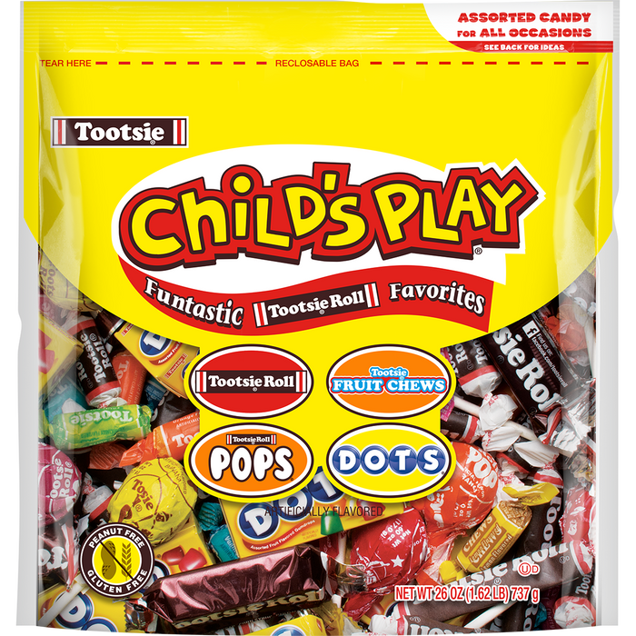 Tootsie Childs Play 26oz Bag with Tootsie Pops, Assorted Dots Boxes, Tootsie Rolls and Tootsie Fruit Chews