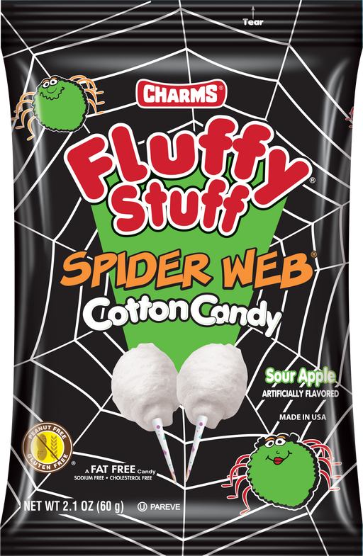 Get caught in a deliciously spooky treat with our Halloween Fluffy Stuff Spider Web Cotton Candy! This 2.1oz bag is filled with white sour apple flavored cotton candy that will have you spinning with delight. Perfect for satisfying your sweet cravings during the Halloween season!