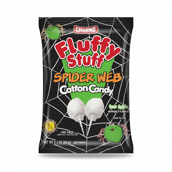 Get caught in a deliciously spooky treat with our Halloween Fluffy Stuff Spider Web Cotton Candy! This 2.1oz bag is filled with white sour apple flavored cotton candy that will have you spinning with delight. Perfect for satisfying your sweet cravings during the Halloween season!