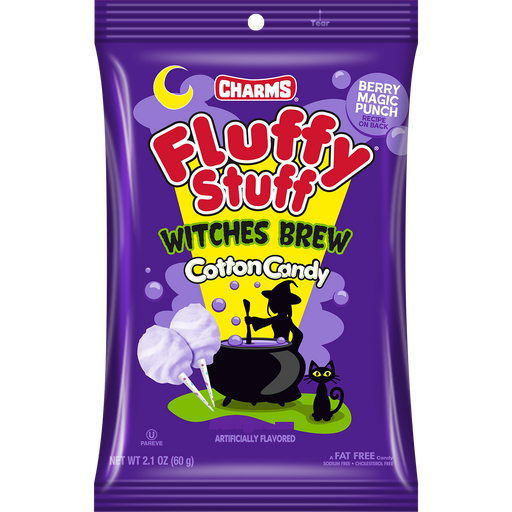 Get a taste of magic with Halloween Fluffy Stuff Witches Brew Cotton Candy! This 2.1oz bag is filled with a unique Purple Berry Magic Punch flavor, perfect for satisfying your sweet tooth, and a great addition to your Halloween celebrations. Beware, it's addictively delicious!