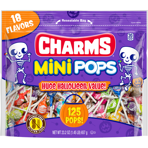 Get ready to celebrate Halloween with this Fun and delicious 125ct bag of Assorted Charms Mini Pops! Great for Trick or treat pass out, office candy dish, or for your school classroom Halloween Parties! Each bag comes packed with 18 assorted mouth watering flavors that's sure to be a big hit, not to mention a huge Halloween value at $7.99 per bag because that's only .06c a pop! Grab yours today!