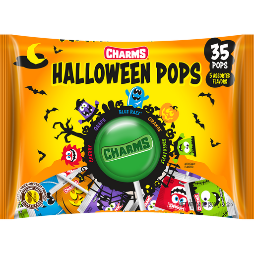 Get ready to celebrate Halloween with this delicious 35ct bag of Assorted Charms Pops! With no introduction needed, these lollipops are a classic American favorite. Enjoy the delicious flavors of Blue Raspberry, Cherry, Sour Apple, Grape and Orange! The perfect treat for anyone, including all your trick-or-treaters too!