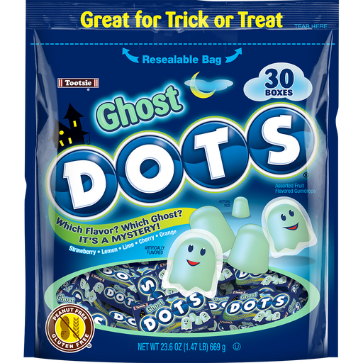 Unleash the spook-tacular flavor of our Halloween Ghost Dots! Each bag contains 30 snack size boxes of assorted fruit gum drops but its a mystery which flavor because they are all white like Ghosts! Perfect for a hauntingly delicious treat. Don't miss out on this ghostly good time!