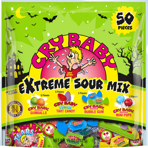 Unleash your inner sour lover this Halloween with Cry Baby Extreme Sour Mix! This 11oz bag is filled with wrapped sour bubble gum, cry baby candy tears, sour cry baby lollipops, and tart-tastic sour gumballs for a total of 50 super sour pieces. Get ready for a tongue-tingling, eye-watering taste explosion! (Warning: may cause an extreme pucker face) :)