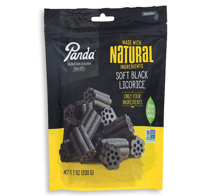 A 7 oz bag of Panda Natural Soft Black Licorice, featuring a black and yellow packaging design with a photo of the dark licorice pieces inside.