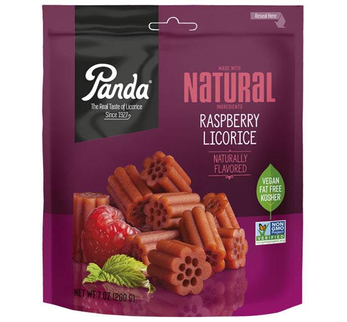 A 7 oz stand-up pouch of Panda Raspberry Licorice, featuring a deep magenta and purple design with a black brand panel, white and pink text, and photos of the licorice pieces and fresh raspberries.