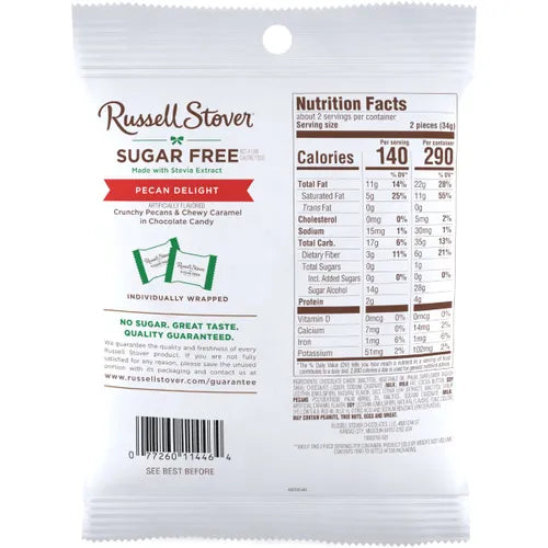 Russell Stover Sugar Free Pecan Delight packaging with nutrition facts on a white background