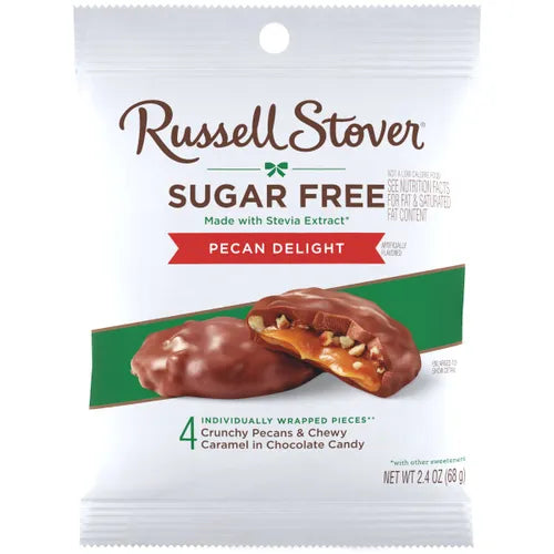 Russell Stover Sugar Free Pecan Delight packaging on a white background