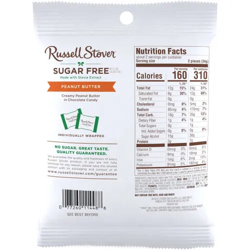 Russell Stover sugar-free peanut butter candy package with nutrition facts label