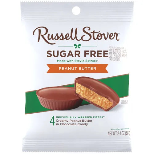 Russell Stover sugar-free peanut butter chocolate candy package on a white background