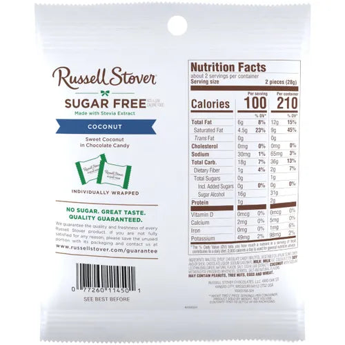 Russell Stover Sugar Free Coconut candy package with nutrition facts on a white background