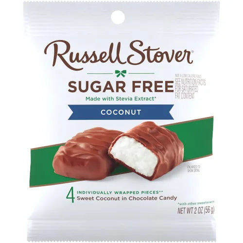 Russell Stover sugar-free coconut candy package on a white background