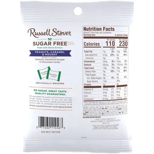 Russell Stover sugar-free peanut caramel nougat package with nutrition facts.