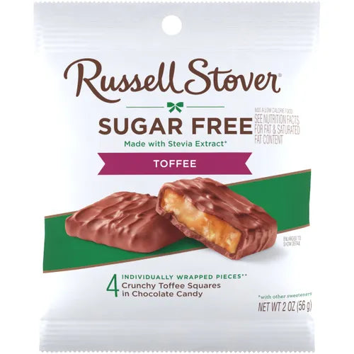 Russell Stover sugar-free toffee package on a white background