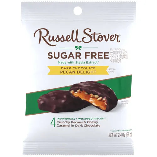 Russell Stover Sugar Free Dark Chocolate Pecan Delight package on a white background