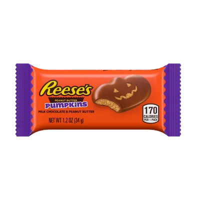 A single Reese's Pumpkin Milk Chocolate Peanut Butter cookie in its signature orange and purple wrapper, featuring a pumpkin-shaped chocolate cookie illustration on the front.