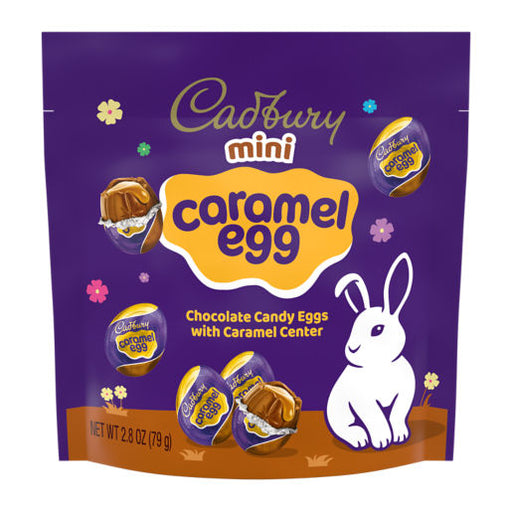 Cadbury mini caramel egg packaging with a rabbit illustration on a purple background