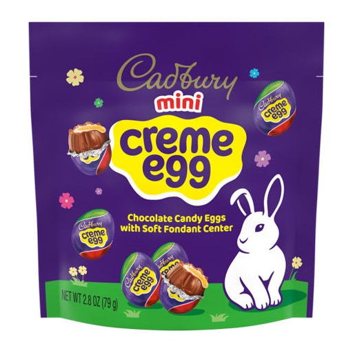 Cadbury mini creme egg packaging with a rabbit illustration on a purple background