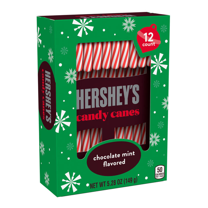 Box of Hershey's candy canes with green packaging and red and white striped candy canes inside.