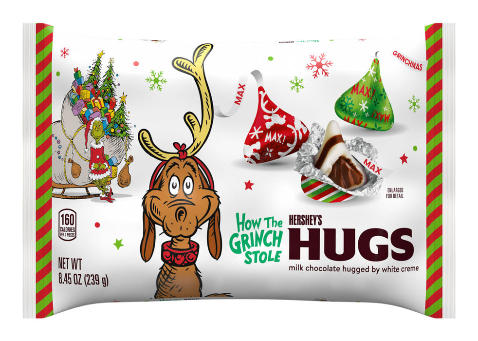 Hershey's 'How the Grinch Stole Hugs' milk chocolate with white creme, in a 8.45 oz bag featuring Dr.