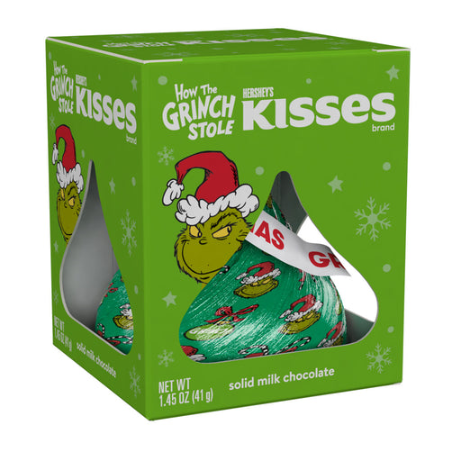 ndulge your loved ones with the taste of this 1.45oz Chocolate Hershey Kiss Gift Box. Show them your love with this sweet and delightful present! This Solid Large Hershey Kiss stands appox 2.5'' tall - This version is Grinch Themed for an added bonus