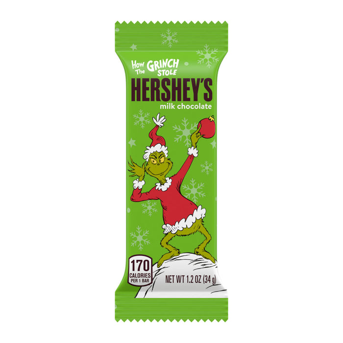 Hershey's milk chocolate bar packaging featuring the Grinch from 'How the Grinch Stole Christmas'.