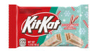 A package of Kit Kat Peppermint Stick natural-flavored wafers, featuring a red and mint green wrapper with white snowflake and candy cane graphics, and an image of the cream-filled wafers on the front.
