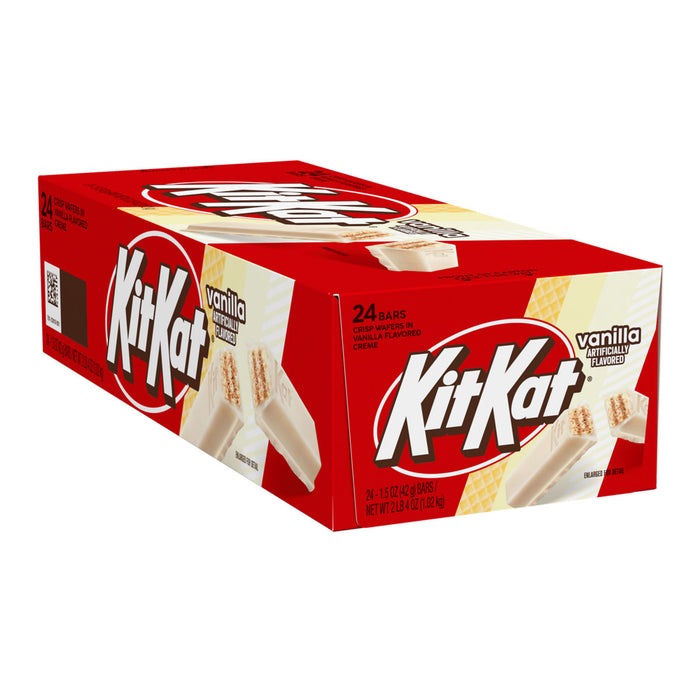 Introduced back in 1935 by Rowntree's of York, United Kingdom. Then Acquired by Nestle who produces globally since 1988, except here in The USA Kit Kat is Produced under license by The Hershey Co. The original UK slogan was Have a Break, Have a Kit Kat, But in the US we adopted a bit catchier jingle you all know as,

" Give me a break, Give me a Break, Break me off a piece of that Kit Kat Bar! Vanilla 24ct box