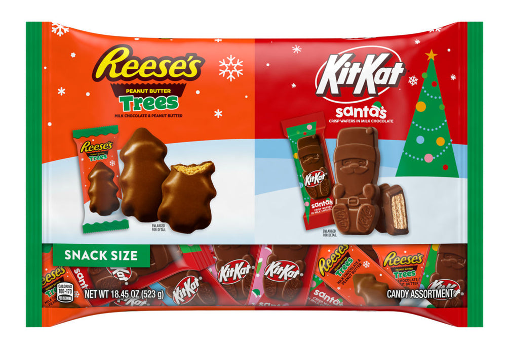 Assorted candy package with KitKat, Reese's, and Santa's Candy Assortment on a white background