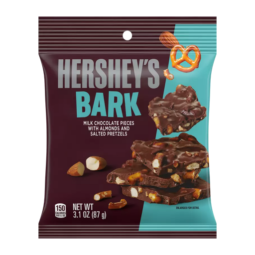 A package of Hershey's Bark chocolate-almond-pretzel candy, 3.1 oz (87 g), shown on a plain white background.
