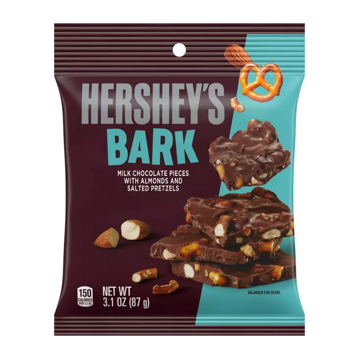 A package of Hershey's Bark chocolate-almond-pretzel candy, 3.1 oz (87 g), shown on a plain white background.