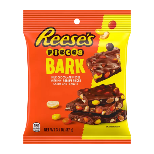 Reese's Pieces Bark candy package with orange and yellow design