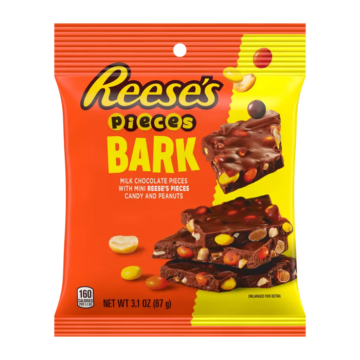 Reese's Pieces Bark candy package with orange and yellow design
