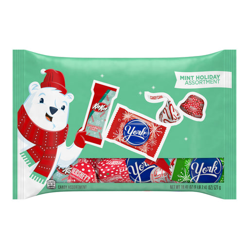 Mint holiday assortment candy package with a polar bear character on a green background