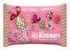 A pink bag of Hershey's Kisses 'How the Grinch Stole' strawberry sugar cookie flavored candy, featuring a cartoon Grinch illustration and images of the wrapped and unwrapped candies on the front.