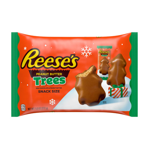 Indulge in the perfect holiday treat with Reese's Peanut Butter Trees! This 9.6oz bag is filled with festive and delicious milk chocolate candy, shaped like Christmas trees and filled with creamy peanut butter. Perfect for stuffing stockings and bringing joy to the whole family.