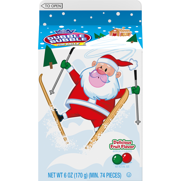 Santa Skiing - Indulge in the festive spirit with these Christmas Double Bubble Gumballs! Each carton contains 6oz of red and green gumballs featuring cute designs of Santa skiing, reindeer riding a sled or a snowman snowboarding! Perfect for holiday parties or as a sweet treat for kids.