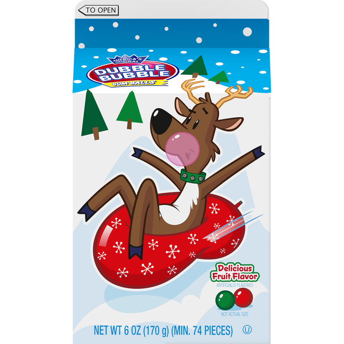 Reindeer Sled Riding - Indulge in the festive spirit with these Christmas Double Bubble Gumballs! Each carton contains 6oz of red and green gumballs featuring cute designs of Santa skiing, reindeer riding a sled or a snowman snowboarding! Perfect for holiday parties or as a sweet treat for kids.