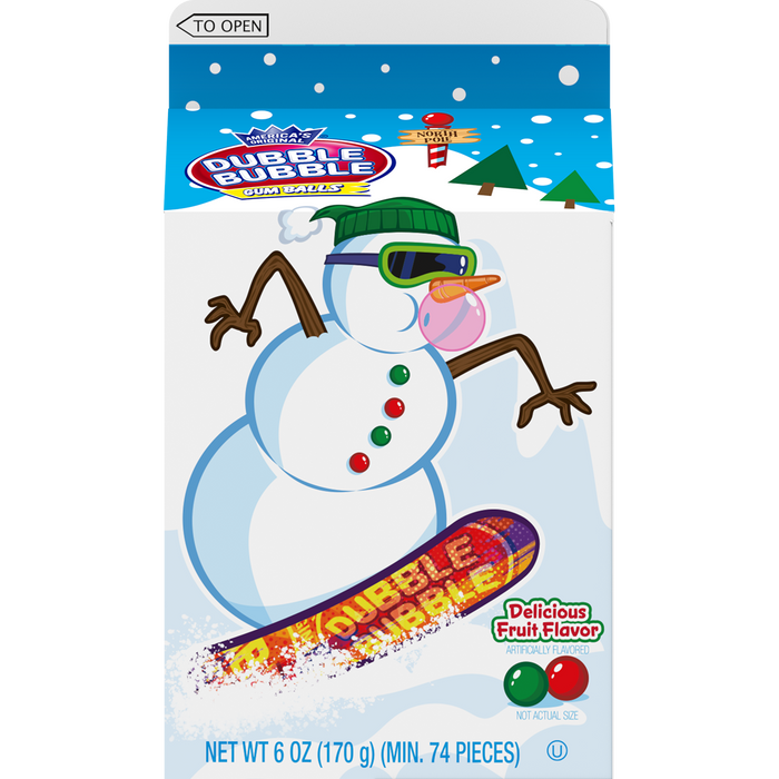 Snowman Snowboarding - Indulge in the festive spirit with these Christmas Double Bubble Gumballs! Each carton contains 6oz of red and green gumballs featuring cute designs of Santa skiing, reindeer riding a sled or a snowman snowboarding! Perfect for holiday parties or as a sweet treat for kids.