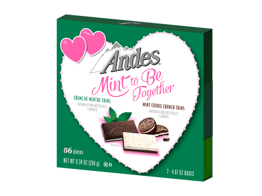 Andes Creme de Menthe Chocolate Mints, the perfect combination of creamy chocolate and refreshing mint in a Valentine themed Gift Box. But Wait, There's More ;) This Delicious Candy comes paired with another that's just " Mint To BE!" Chocolate Cookie Mint Crunch Thins! Now that's a Sweet Valentine's Day Gift!