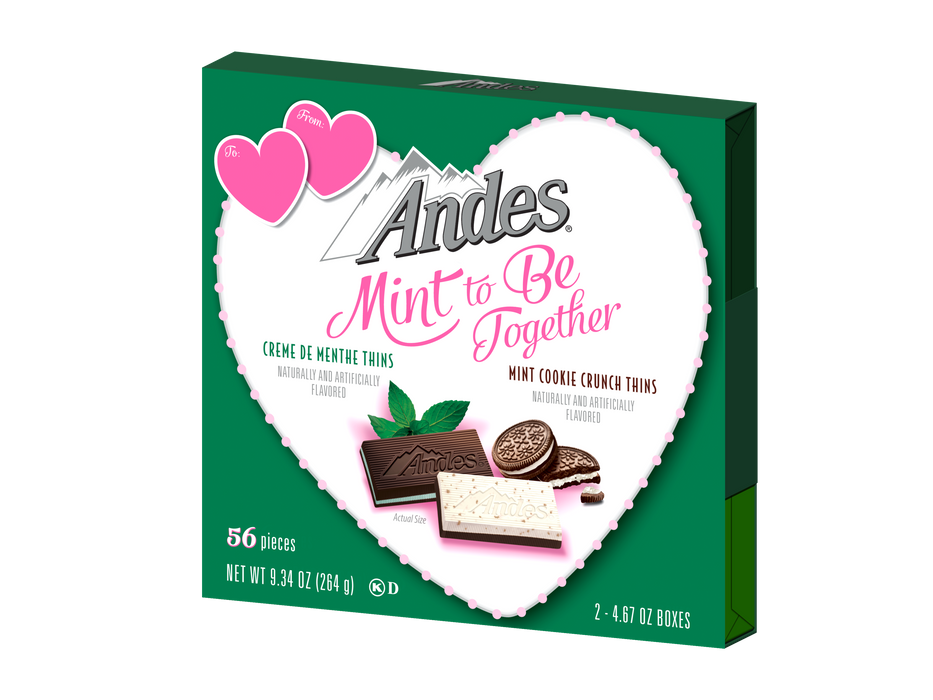 Andes Creme de Menthe Chocolate Mints, the perfect combination of creamy chocolate and refreshing mint in a Valentine themed Gift Box. But Wait, There's More ;) This Delicious Candy comes paired with another that's just " Mint To BE!" Chocolate Cookie Mint Crunch Thins! Now that's a Sweet Valentine's Day Gift!