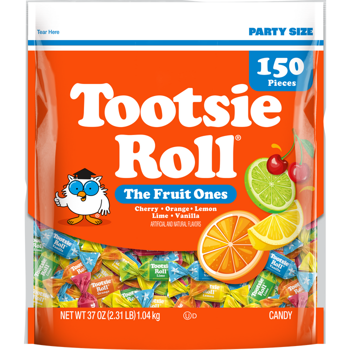 Tootsie Roll candy package with colorful candies and fruit illustrations on an orange background.