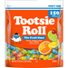 Tootsie Roll candy package with colorful candies and fruit illustrations on an orange background.
