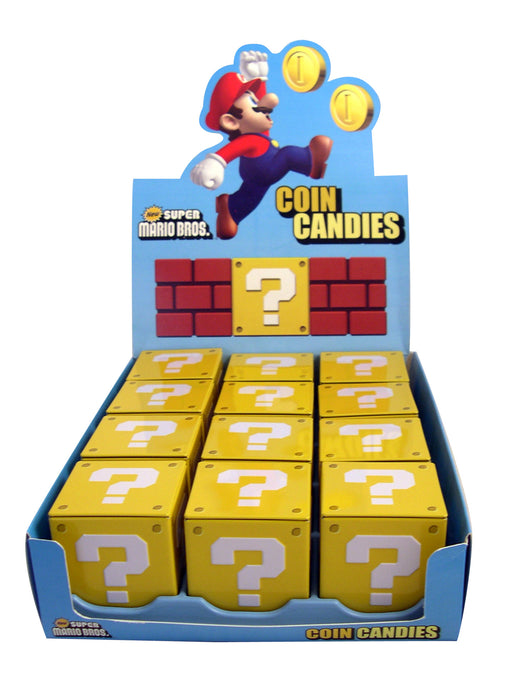 Super Mario Brothers Nintendo Question Mark Box Tin Filled With Coin Shaped Candies 12ct box