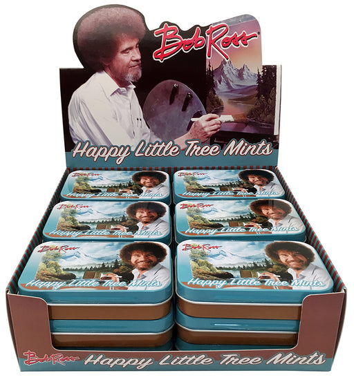 Bob Ross, Happy Little Tree Mints Metal Embossed Tin. Each tin is packed with awesome 3D shaped tree mints!   Robert Norman Ross (October 29, 1942 – July 4, 1995) was an American painter and art instructor who created and hosted the famous TV show, The Joy Of Painting. The television program aired from 1983 to 1994 on PBS in the United States