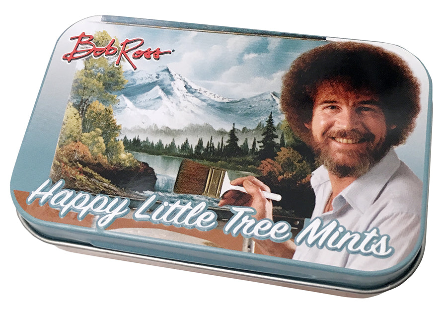 Bob Ross, Happy Little Tree Mints Metal Embossed Tin. Each tin is packed with awesome 3D shaped tree mints!   Robert Norman Ross (October 29, 1942 – July 4, 1995) was an American painter and art instructor who created and hosted the famous TV show, The Joy Of Painting. The television program aired from 1983 to 1994 on PBS in the United States.